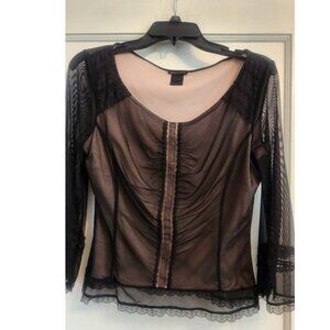 BCBG Women's quarter Sleeve Mesh Trim Scoop Neck Top